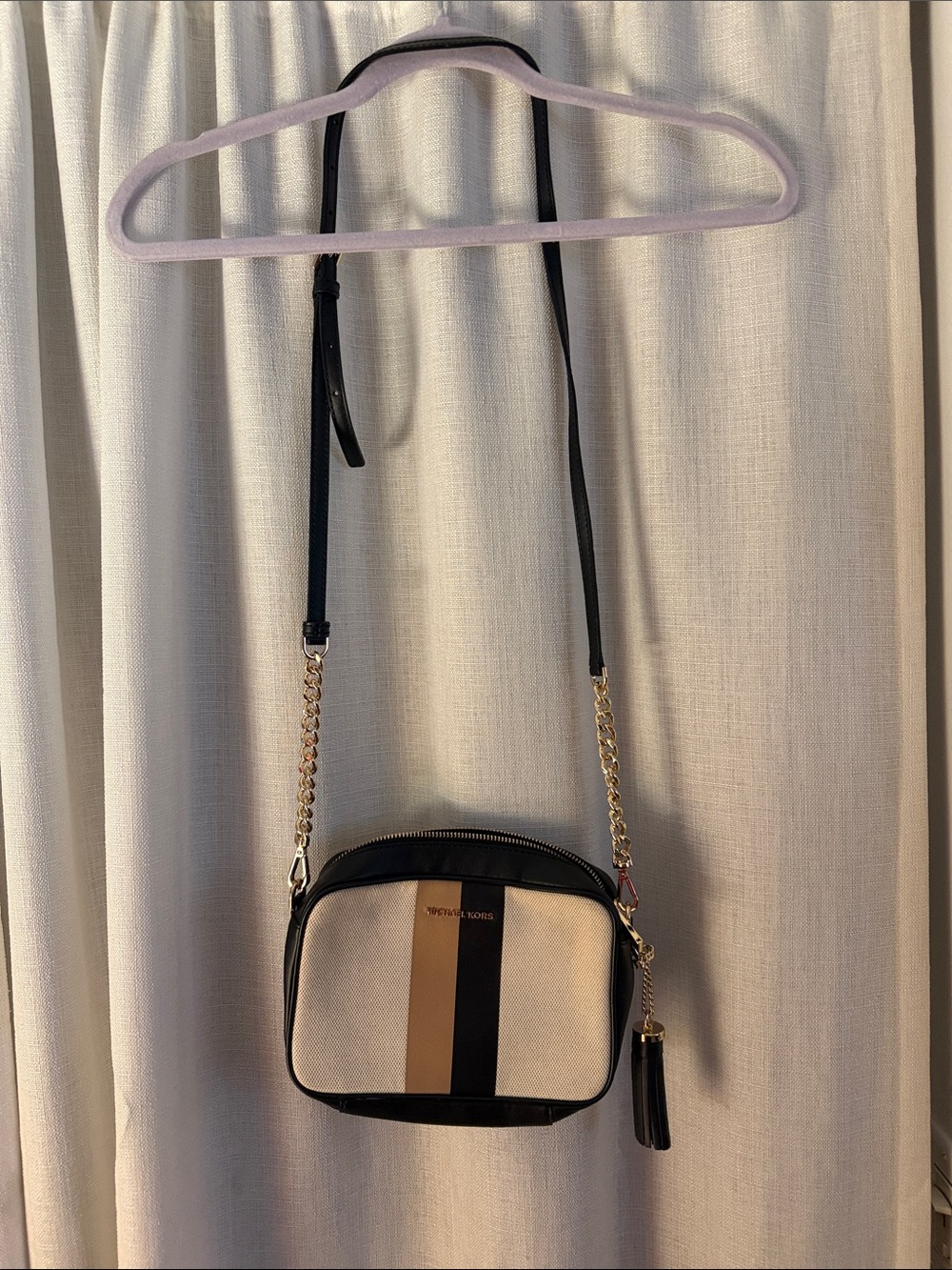 Michael Kors Black, Cream and Tan Stripe Crossbody Bag